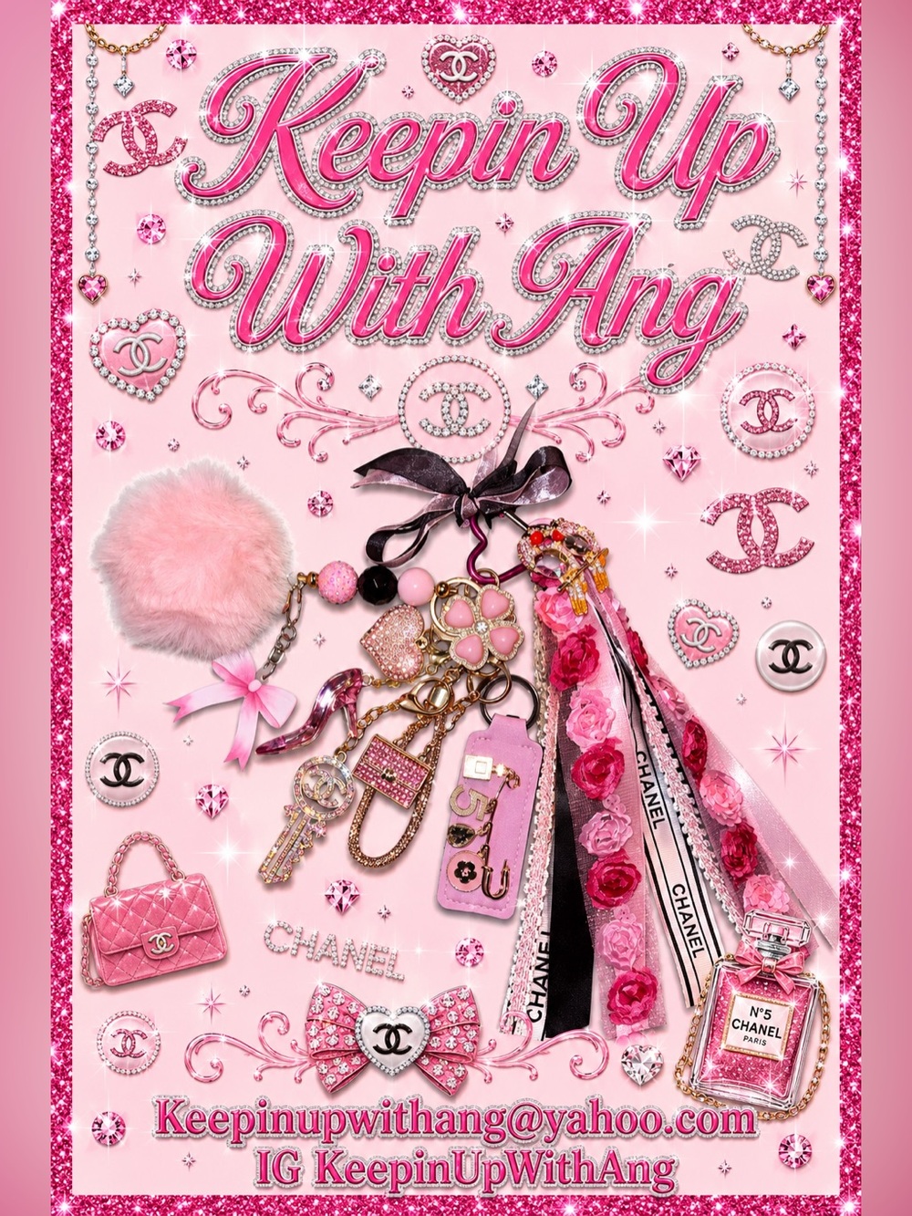 Pink Pom Pom Charm Keyring with Floral Ribbon Tassels